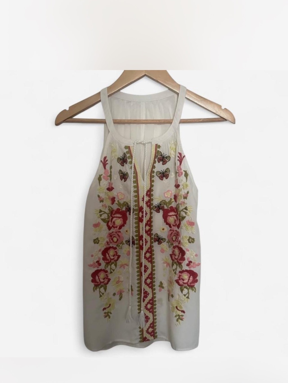 Embroidered Floral Halter Top in White with Pink Red Floral Butterfly Accents